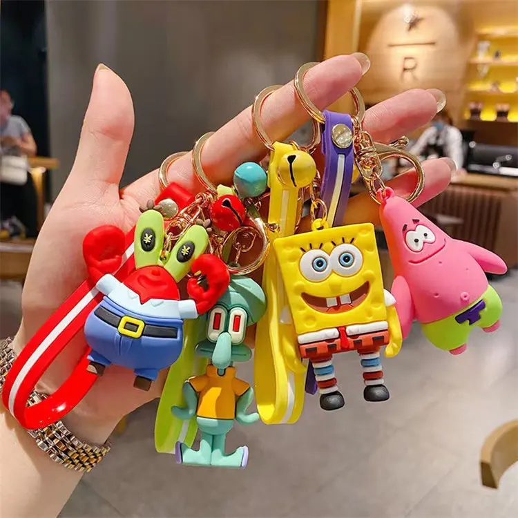 Keychain Sponge Doll Car Key Bag Accessories Cute Cartoon 3D Patrick Keychains PVC Silicone Keyring with Wrist Strap Key Chain