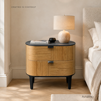 Mesita de Noche Moderna de Madera con Dos Cajones, Superficie y Patas Negras, Mesita de Noche de Lujo para Proyectos de Hoteles y Villas