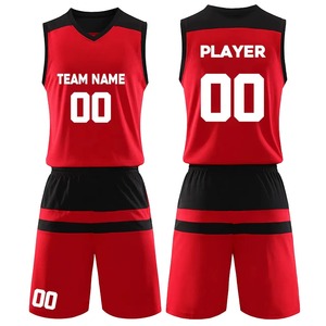 Uniforme de basket-ball personnalisable rouge et noir, ensemble maillot et short en mesh unisexe pour adulte, imprimé, col en V, sans manches - Product Image 1