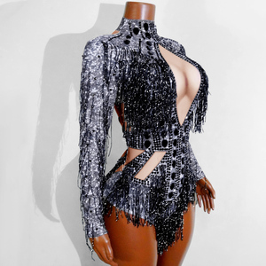 Combinaison pour femme adulte à motif argenté futuriste et franges de strass noirs, style Dark Glamour, pour Cyber Rave, <span class=keywords><strong>Majorette</strong></span>, Drag Queen et tenue de scène - Product Image 4