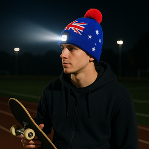 Úc cờ <span class=keywords><strong>LED</strong></span> Beanie ánh sáng với Pom Pom Nhà máy cung cấp tùy chỉnh logo đan mũ cho mùa đông ngoài trời OEM ODM <span class=keywords><strong>LED</strong></span> Beanie Úc - Product Image 5