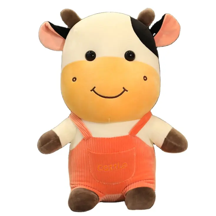 Yeni çocuk oyuncakları sevimli isteğe özel peluş oyuncak oturan inek peluş oyuncak giyen kırmızı tulum