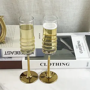 150Ml Gouden Steel Diamant Ketting Surround Vierkante Kristallen Champagne Glazen Bekers Bruiloft Fluiten