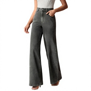 Jean décontracté taille haute pour femme, coupe large, en denim délavé avec sequins, style automne - Product Image 1