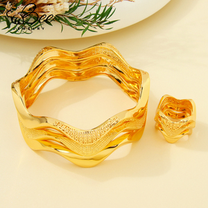 Fashion 21k Gold Plated Saudi Women Wave Cuff Bangles Dubai Arab Bridal Wedding Party Jewelry <b>Charm</b> <b>Bracelet</b> Ring Set - Product Image 2