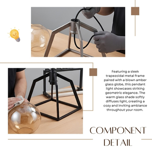 Luminaire suspendu en verre ambré avec globe en métal noir mat trapézoïdal, très vendu - Product Image 5