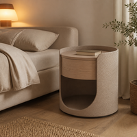 Table de chevet cylindrique moderne de luxe, faite à la main, écologique, rembourrée, 1 tiroir, placage bois clair, cuir camel, pour salle à manger