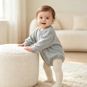 Combinaison Bébé Minimaliste à Col Rond, Manches Longues, Couleur Unie, Ourlet Élastique, Unisexe, pour Usage Quotidien - Product Image 1