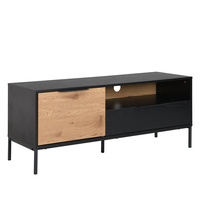 Meuble TV moderne haut de gamme en MDF grain de bois (noir/chêne sauvage) avec pieds en tuyau de fer, rangement et assemblage facile pour salon