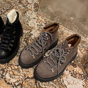 Botas de plataforma con cordones para mujer, estilo británico vintage, de cuero genuino esmerilado, con punta redonda y tacón grueso, modelo 2026 - Product Image 1