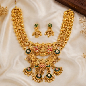 Parure de bijoux religieux traditionnelle en argent 925 plaqué or antique, collier et boucles d'oreilles, bijoux de mariée pour femme, cadeau hindou - Product Image 1