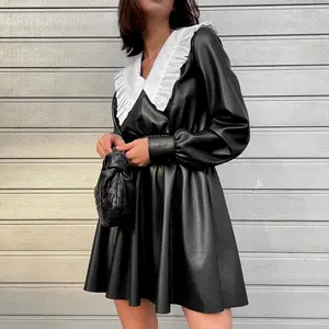 PU Leather Skirt Doll Collar V Neck Long Sleeve Black Punk Black Mini Dress