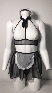 New Sexy Maid Uniform Mesh Gauze Perspective Temptation Erotic Lingerie Cosplay Halter Neck Skirt Women's Underwear Set - Product Image 6