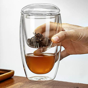 300-400 Ml Double Wall <strong>Glass</strong> Tea Cup Heat Resistant Warm Keeping Flower <strong>Teacup</strong> with <strong>Glass</strong> Infuser and Lid - Product Image 2