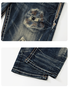 Jean en <span class=keywords><strong>denim</strong></span> déchiré pour homme, coupe droite, broderie à points épais, taille mi-haute, en coton, style décontracté, pour l'automne - Product Image 6