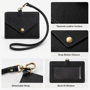 Custom Genuine Leather ID Card Holder with Detachable Wrist Strap Clear ID Window Snap Closure Slim <strong>Badge</strong> <strong>Wallet</strong> for Men Women - Product Image 4