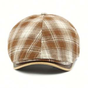 Nouvelle casquette gavroche à carreaux printemps-automne-hiver, chapeau de peintre rétro littéraire, béret en coton à bord en cuir PU pour femmes et hommes - Product Image 5