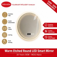 Miroir intelligent Fullkenlight de qualité supérieure pour salle de bain, avec capteur tactile, sans cadre, rond, LED, avec affichage de l'heure