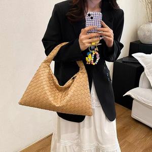 Woven <b>Straw</b> Shoulder <b>Bag</b> Bohemian Style Single Handle Open Top Diamond Lattice Pattern Women's Daily Use Handbag - Product Image 1