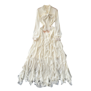 Taglie forti estivo con scollo a V tunica sottile abito Maxi Casual da donna impero abito di pizzo arruffato - Product Image 5