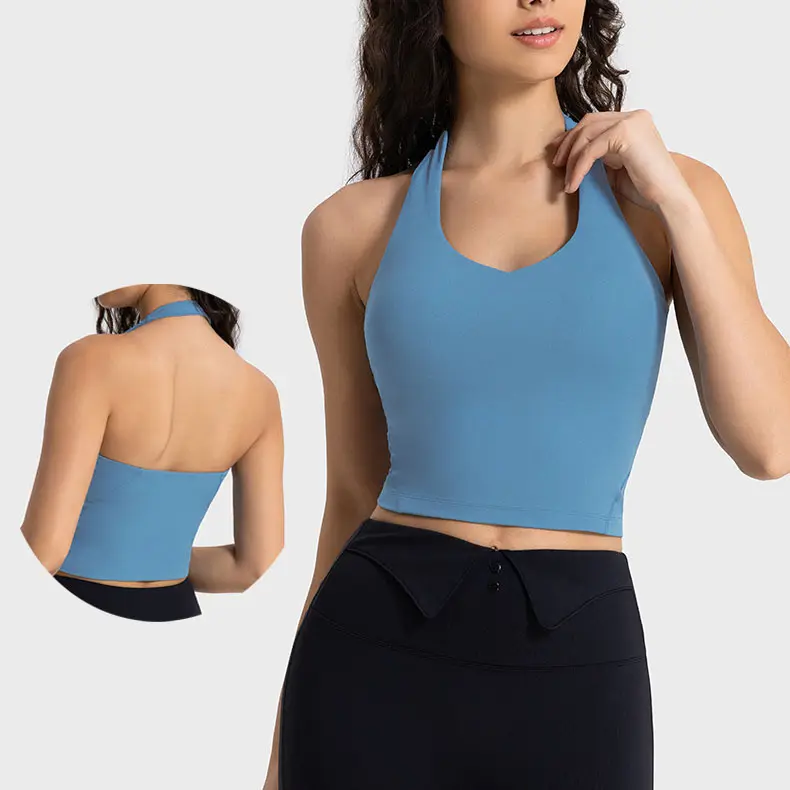 Kadın 2024 bahar Slim Fit Backless destekli sporcu sütyeni üst nefes katı renkler Longline Halter Yoga Tops