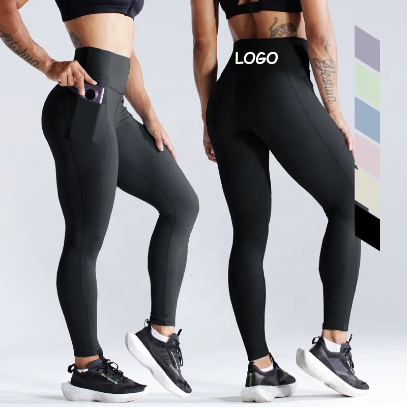 Tummy Control Workout Leggings Fitness Tights With Side Pockets Nylon Quick Dry Women High Waist Compression Tights