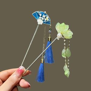 Horquilla de aleación para mujer con borla larga, estilo chino, adorno para el cabello con pétalos azules, perlas de hada, decoración para Cheongsam, joyería para moños. - Product Image 3