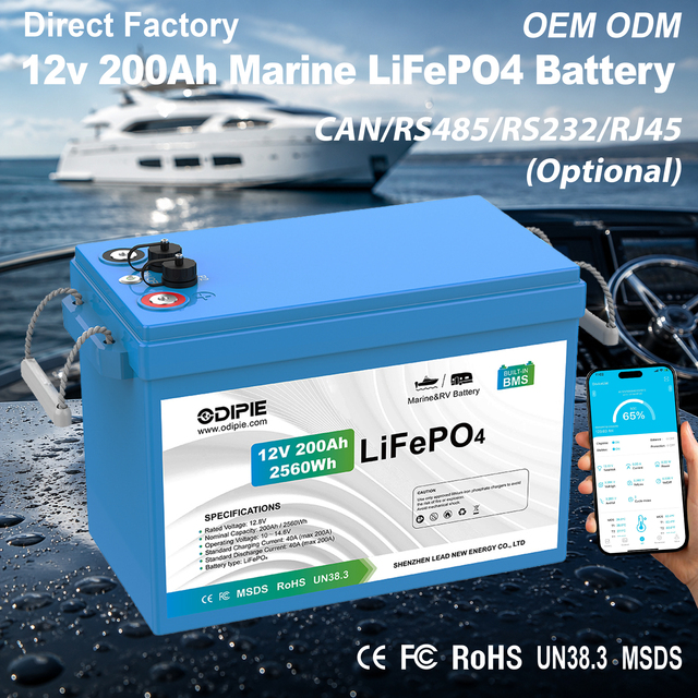 Factory 12V 200Ah LiFePO4 Marine Battery with RJ45 Bluetooth BMS IP67 House Power for Center Console Inshore Fishing Boat