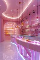 Design d'intérieur personnalisé tendance pour les magasins de yaourt et de crème glacée, vitrine de magasin de rue, mobilier LED pour la décoration de magasins de crème glacée rose