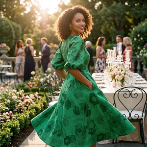 Fabricant de robes, vêtements sur mesure, OEM, robe midi en jacquard floral vert émeraude pour femmes, robe de soirée élégante à manches bouffantes, coupe A - Product Image 2