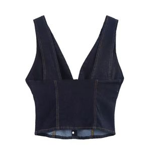 Hauts décontractés d'été pour femmes en denim polyester bleu foncé, sans manches, boutonnés au dos, ajourés, respirants, coupe classique - Product Image 3