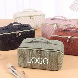Sac de maquillage portable, s'ouvre à plat, avec sangle pour le voyage, imperméable, anti-poussière, grand sac cosmétique en cuir pour femmes - Product Image 1