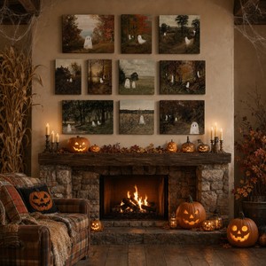 Set di 10 Quadri Vintage di Fantasmi di Halloween, Dipinti a Olio di Paesaggi Retrò, Stampe su Tela Incorniciata, Decorazioni Rustiche per le Festività - Product Image 3