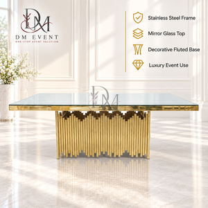 Mesa de Comedor Contemporánea de Acero Inoxidable Dorado con Cubierta de Vidrio Espejo y Base de Pedestal con Varilla Ondulada para Proyectos de Banquetes y Bodas - Product Image 1