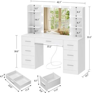 Tocador Estilo <span class=keywords><strong>Hollywood</strong></span> con Espejo LED de 10 Bombillas, 7 Cajones y Estantes Abiertos para Maquillaje en el Dormitorio - Product Image 5