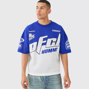 T-shirt en tricot graphique surdimensionné pour homme, épaules tombantes, bicolore, style streetwear, personnalisable, vente en gros OEM - Product Image 1