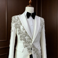 Costume 3 Pièces Homme Grande Taille Brillant avec Strass, Veste, Gilet et Pantalon Faits Main Ornés de Paillettes et Perles, Simple Boutonnage, pour Bal de Promo, Smoking, Mariage et Fêtes