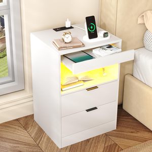 Table de chevet moderne blanche SENYU avec 3 tiroirs et station de charge pour chambre à coucher et salon - Product Image 2