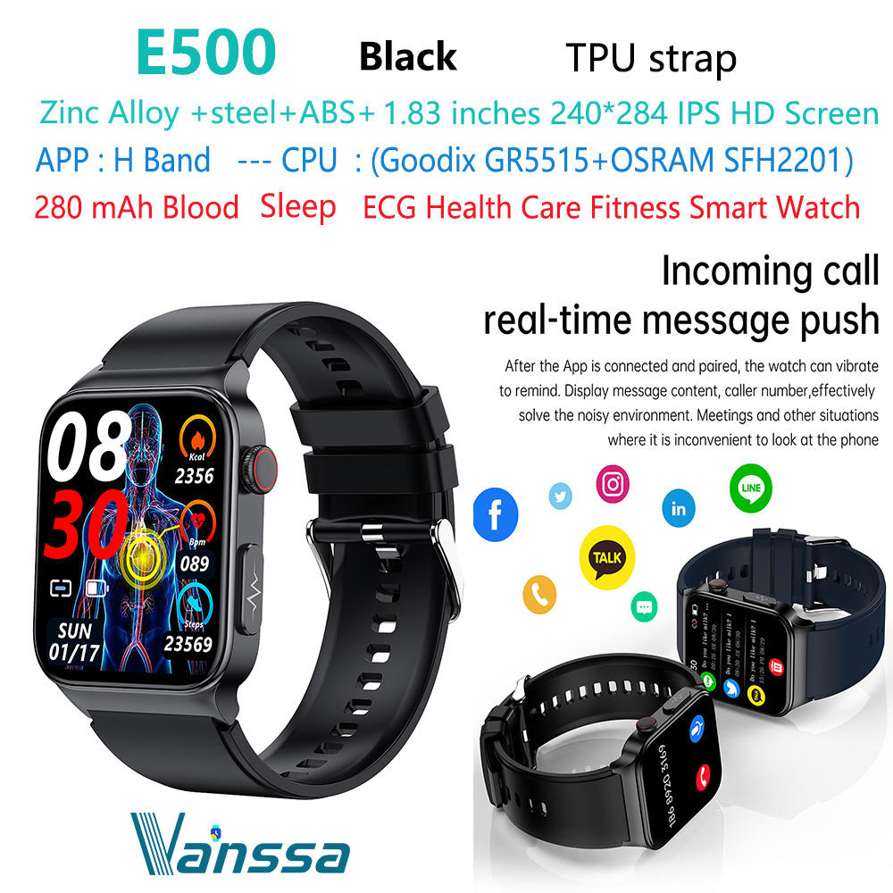 สมาร์ตวอตช์ ECG นาฬิกาเพื่อสุขภาพในเลือดสาย TPU สีดำ E500