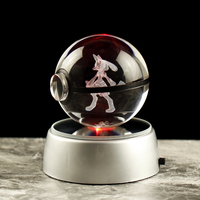 Pokeball en verre 3D en cristal K9 lumineux, dessin animé Pokemon Go, avec base optionnelle, pour cadeaux de Noël, lampe de nuit
