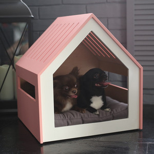 Tempat tidur rumah anjing terbuka kayu merah muda dalam ruangan kandang hewan rumah anjing kucing anjing kayu rumah hewan peliharaan dalam ruangan - Product Image 5