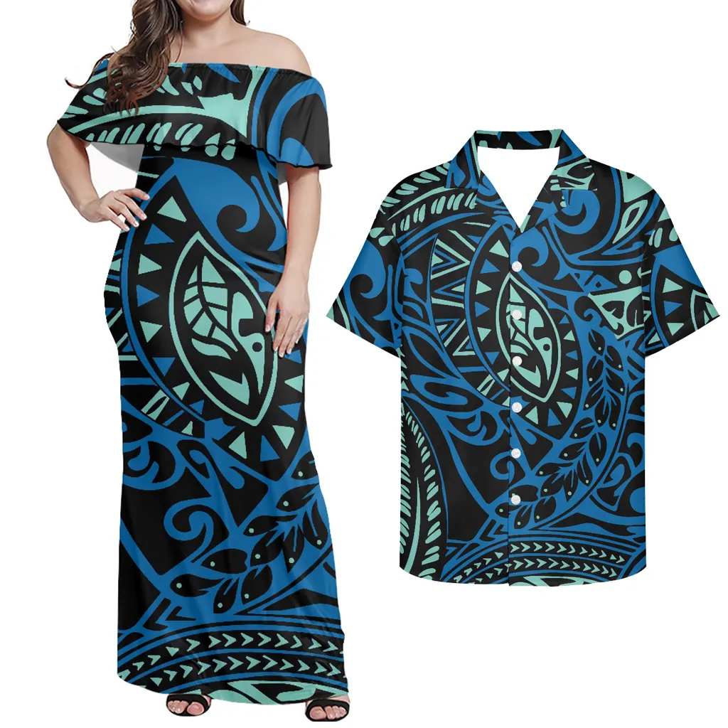 Phụ Nữ Hai Mảnh Thiết Lập Buổi Tối Dresses Phù Hợp Với Người Đàn Ông Sơ Mi Tùy Chỉnh Polynesian Samoa Bộ Lạc Trang Phục Đôi Gia Đình Quần Áo Mùa Hè