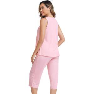 Conjunto de Pijama Personalizado para Mujer, Camiseta sin Mangas, Pantalones Capri, Tela de Viscosa de Bambú, Ropa de Dormir Transpirable, Estilo Casual - Product Image 3