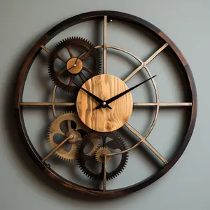 60 새로운 예술 복고풍 산업 바람 기어 조각 원형 벽 시계 창조적 인 고급 분위기 거실 배경 시계