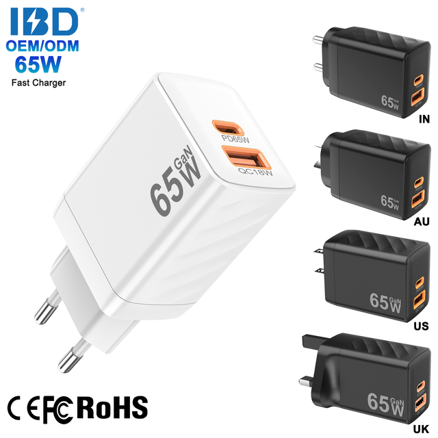 IBD Wholesale Custom PD 65W Gan Fast Charger US EU UK AU India Plug Type c USB Fast Charging Phone Laptop Wall Charger Adapters