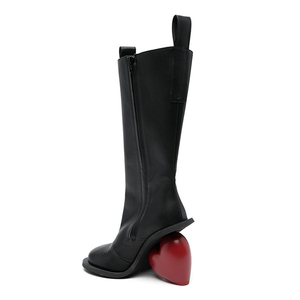 Custom Heart-Shaped Heels Square Toe Long Boots Women's Side Zipper Knee High <b>Booties</b> Silver PU Leather Shoes - Product Image 5