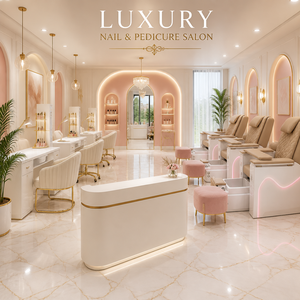 Ensemble de mobilier de salon de manucure et pédicure de luxe, blanc crème, rose blush, or, 3 fauteuils de pédicure, 3 tables de manucure, comptoir de réception - Product Image 1