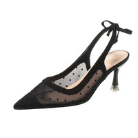 Escarpins à talons aiguilles pour femme, à pois, en maille, à bout pointu, avec bride arrière et nœud, pour soirées et événements estivaux