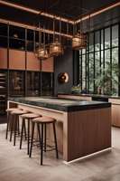 Vermonhouzz - Armoires de cuisine modernes personnalisées, ensemble d'armoires sans poignées en bois clair avec îlot noir pour villa de luxe