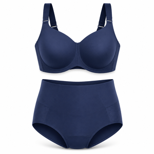 Ensemble soutien-gorge à armatures doux et couvrant indigo Morning Mist pour femme et culotte gainante taille haute, bonnets D-G, grande taille, effet rafraîchissant - Product Image 1